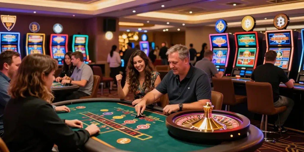 Exciting atmosphere of a Bitcoin casino with players celebrating wins at game tables, highlighting community engagement.