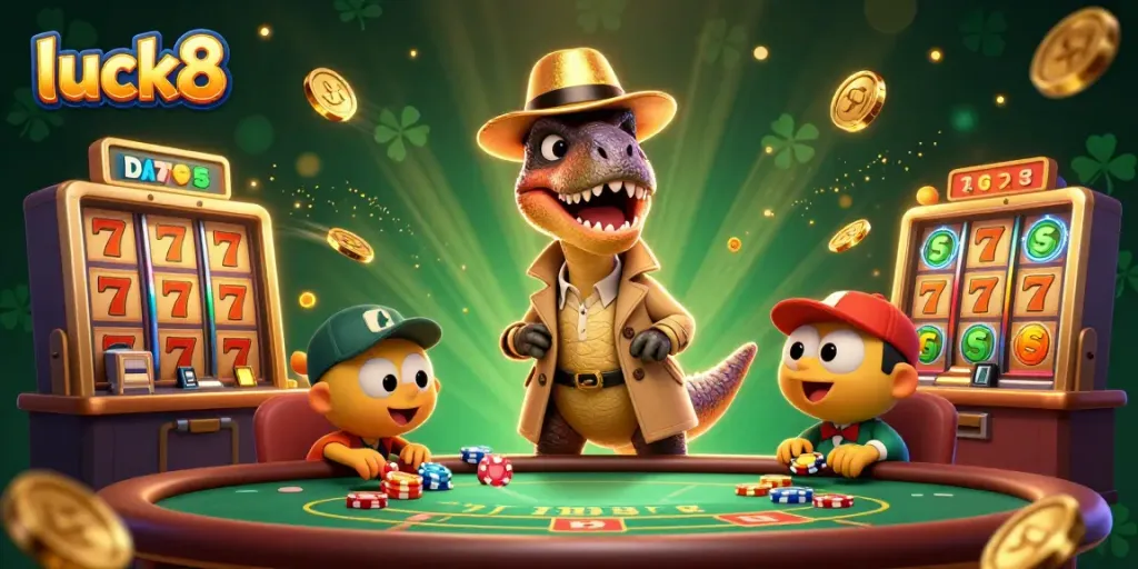 Exciting luck8 themed casino illustration featuring a velociraptor card counter amidst slot machines and golden coins.