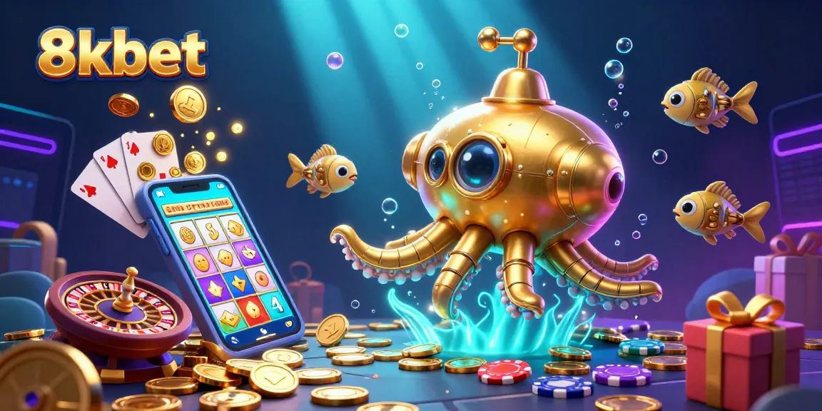 Spin the reels at 8xbet with a vibrant underwater-themed casino illustration featuring a golden kraken and game elements.