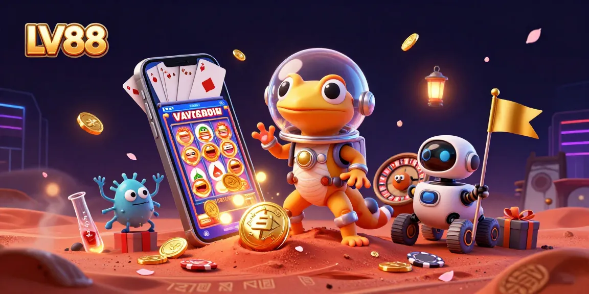 Spin the reels at LV88 with an animated Martian gecko exploring a golden casino