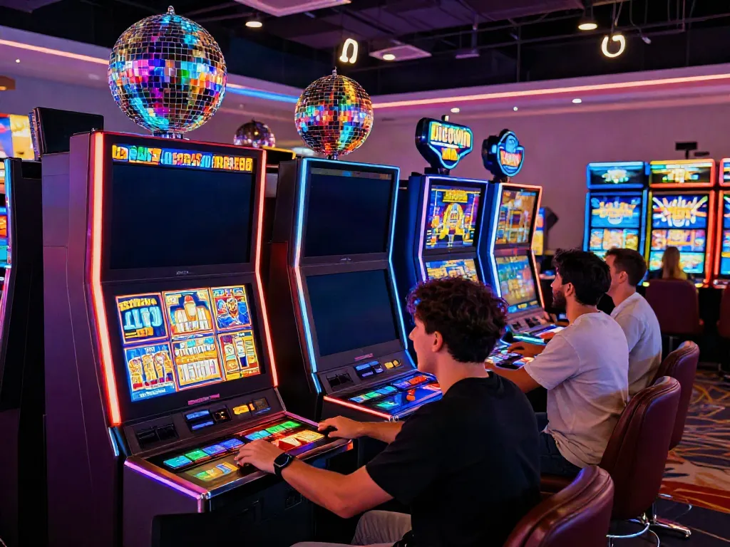 Exciting gaming moment at DiscoWin casino with vibrant slot machines and disco-themed decor.