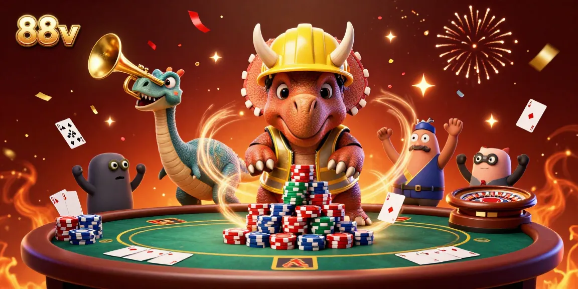 Engage with 88vv’s vibrant casino scene featuring a triceratops, poker chips, and festive elements.
