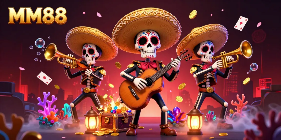 Experience vibrant MM88 gaming excitement with a lively mariachi band amidst treasure and glowing game elements.