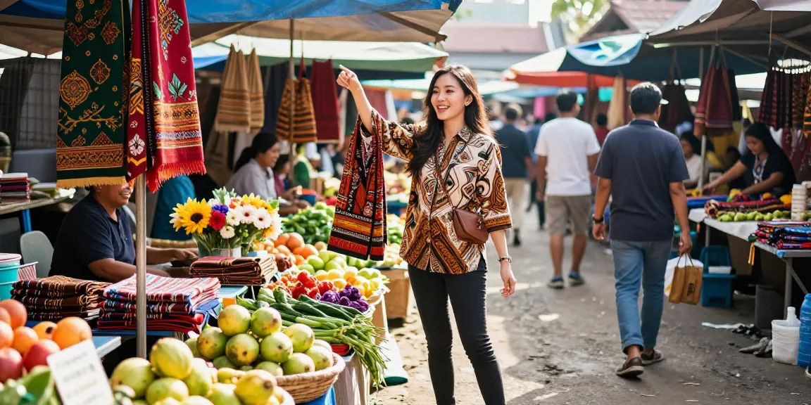Pengunjung menggunakan Leci123 berinteraksi di pasar lokal Indonesia yang cerah.