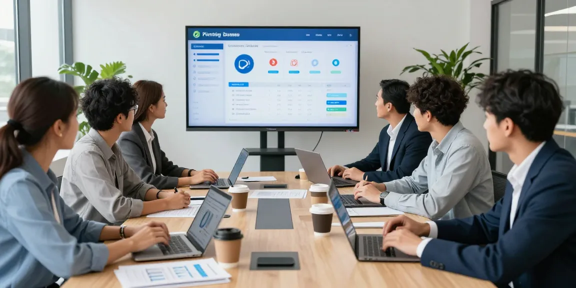 Team collaborating on plumbing business CRM solutions in a modern office setting