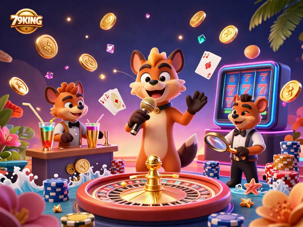 Experience the excitement of 79KING with hyenas in a lively comedy casino scene featuring games and laughter.