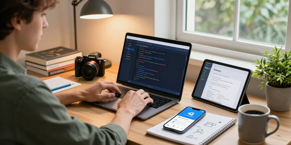 Developer in a cozy office using Telegram Download on laptop and tablet for seamless communication.