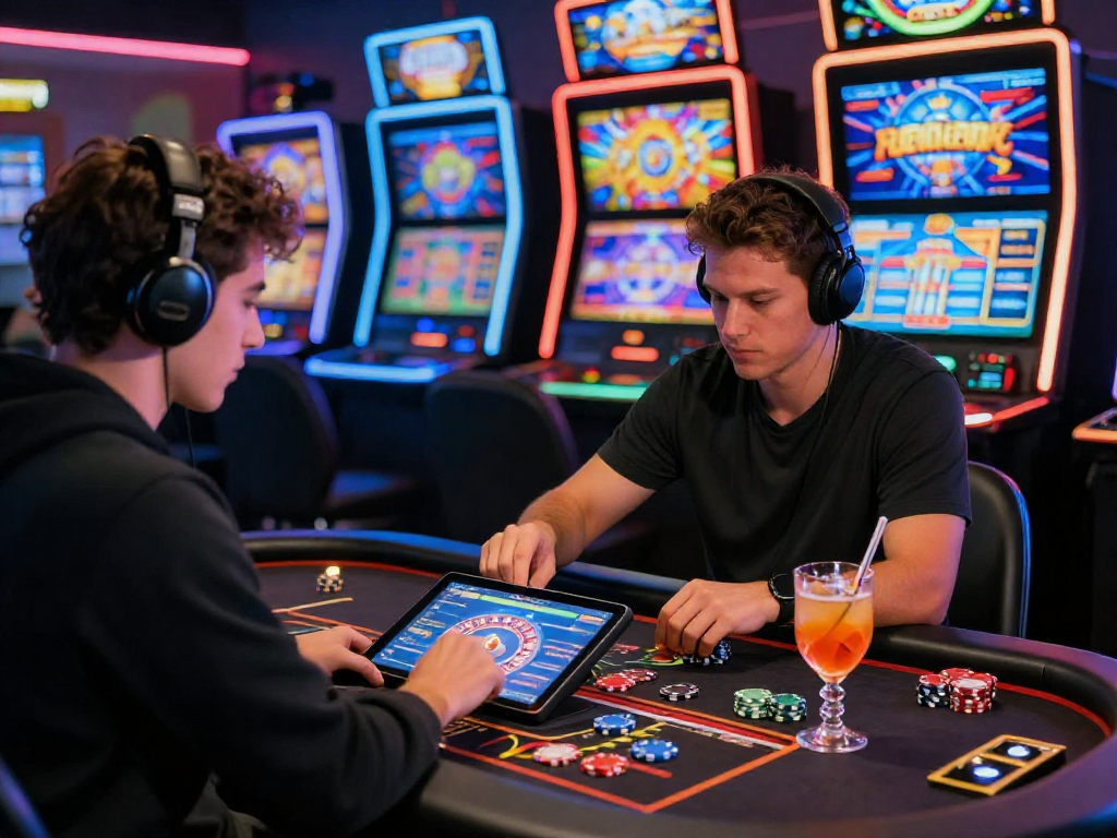 Giocatore concentrato in un casino non aams mentre utilizza un tablet per scommettere.
