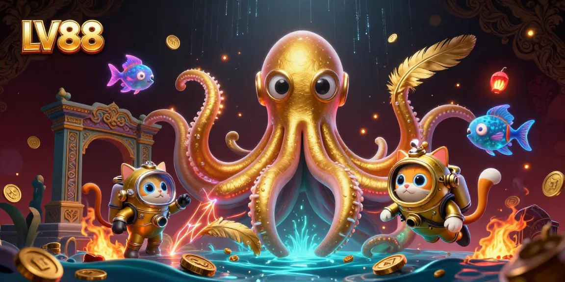 Experience thrilling adventures at LV88 with a kraken's treasure hunt amidst glowing casino fun.