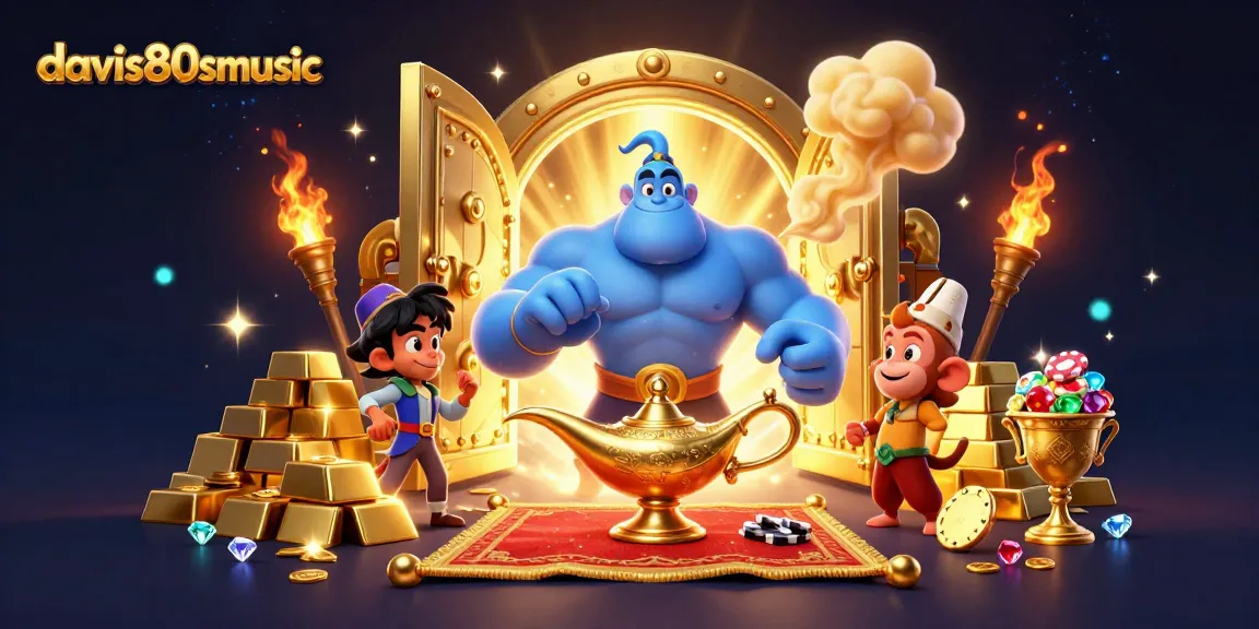 Dive into thrilling bets with davis80smusic featuring a dynamic genie scene and casino symbols.