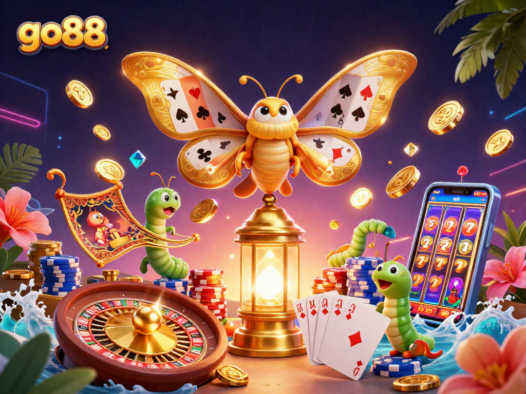 Experience go88 with a vibrant casino scene featuring an atlas moth and golden coins.