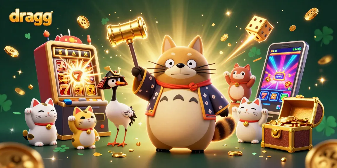 Experience thrilling gameplay with dragg's vibrant casino scene featuring a cheerful tanuki and exciting jackpots.
