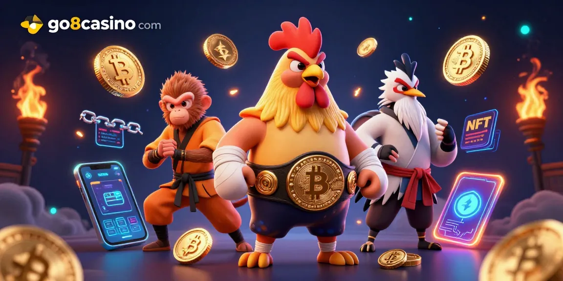 Engage with go8casino com featuring a vibrant scene of cartoon martial artists amid glowing crypto elements, perfect for digital gambling.