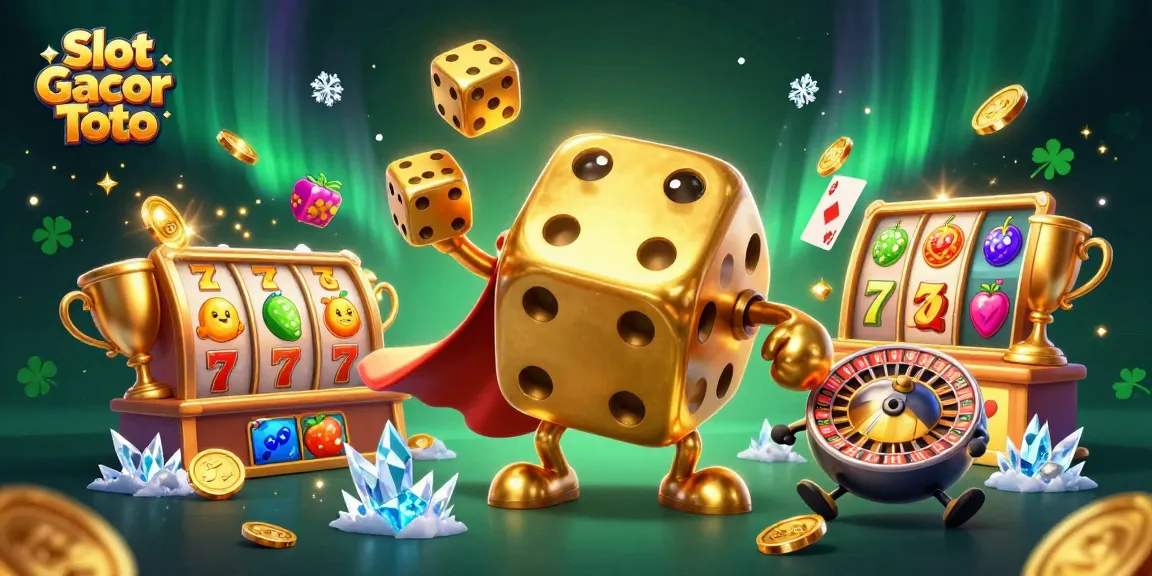 Spin to win with Slot Gacor Toto featuring a joyful dice golem and vibrant slot elements.