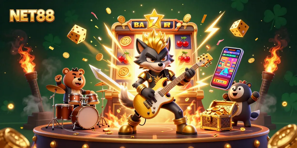 Join the vibrant energy of NET88 with cartoon characters celebrating a jackpot explosion!
