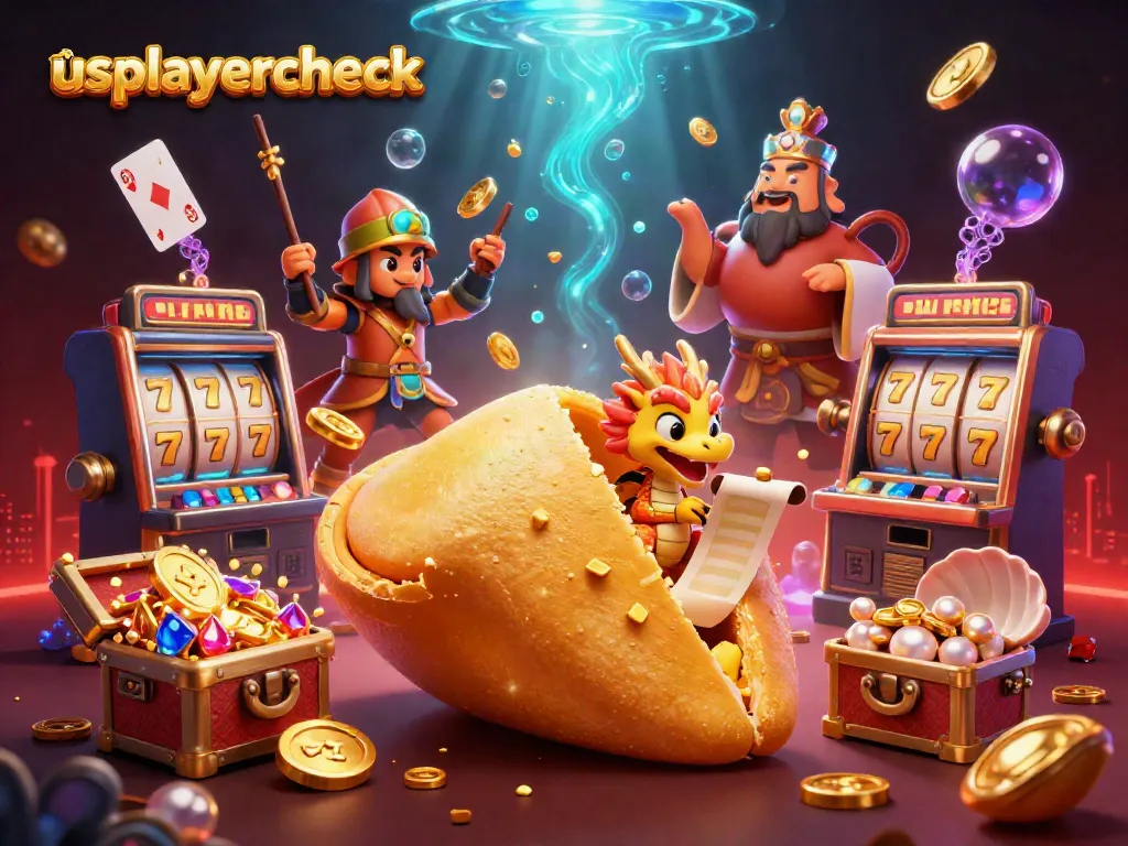 Play exciting no deposit games at usplayercheck with vibrant slot machines and golden fortune cookies.