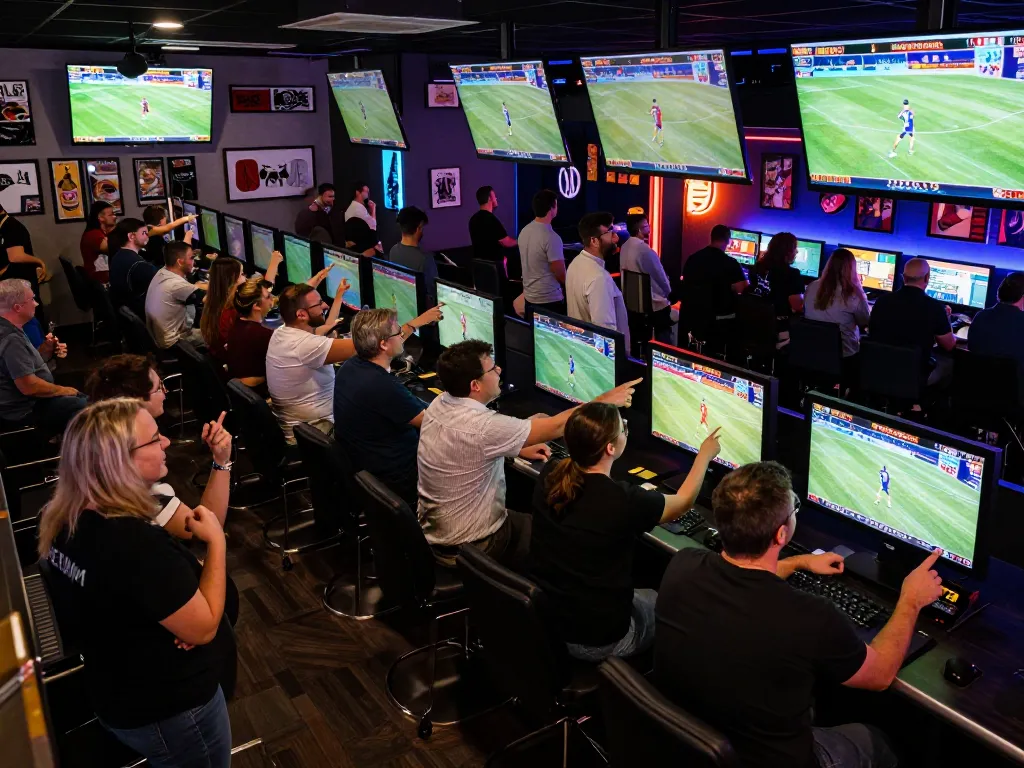 Excited bettors analyzing odds at the sapporo-dogscafe sports gaming venue, showcasing vibrant atmosphere