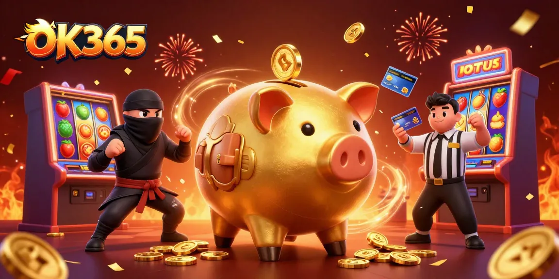 Experience the thrilling action of OK365 with vibrant slot reels and characters in a celebratory casino scene.