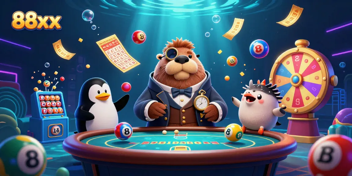 Engage in thrilling gameplay with 88xx as colorful lottery balls and golden tickets fill the underwater casino scene.