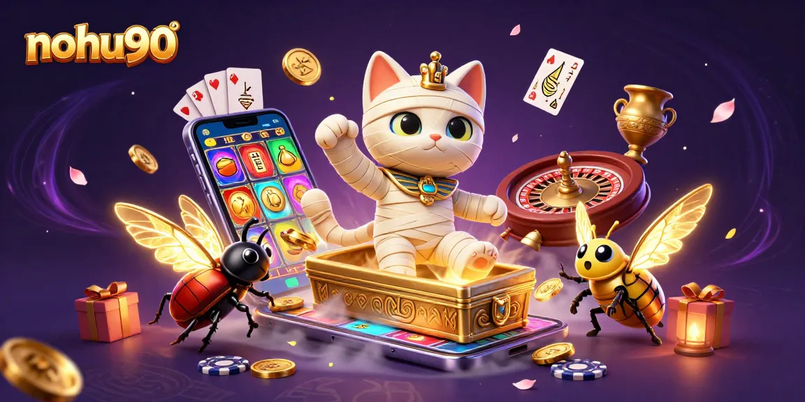 Nohu90 gamers spinning slots in a vibrant casino with a mummy cat hero