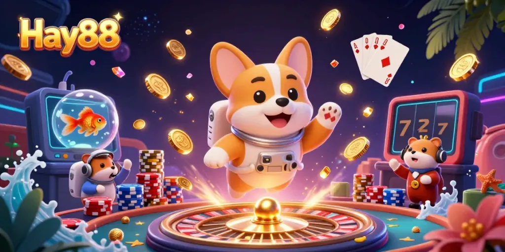 Experience Hay88 with a dynamic casino scene featuring a floating corgi, poker chips, and an adventurous mission-control hamster.