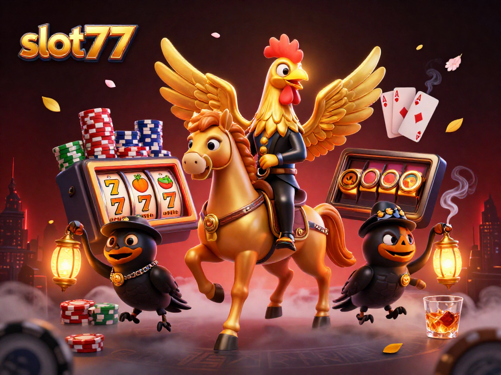 Experience slot777 excitement with golden rooster and spectral horse in vibrant casino scene.