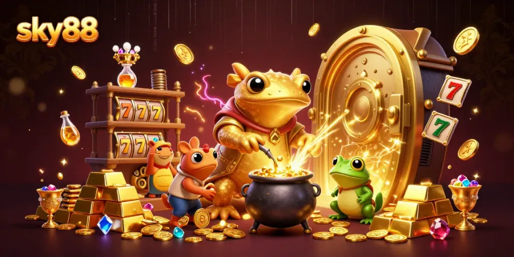 Sky88 captivates players with vibrant slot-reel action amidst a golden alchemist's laboratory.