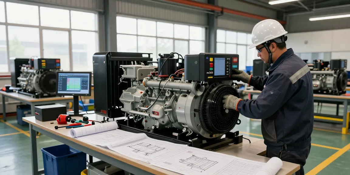 Technician inspecting a PowerLink diesel generator in a heavy industry workshop.