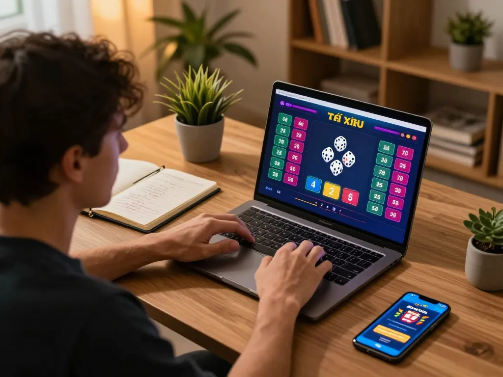 Tai xỉu online gaming session on laptop showing vibrant interface and betting strategy.