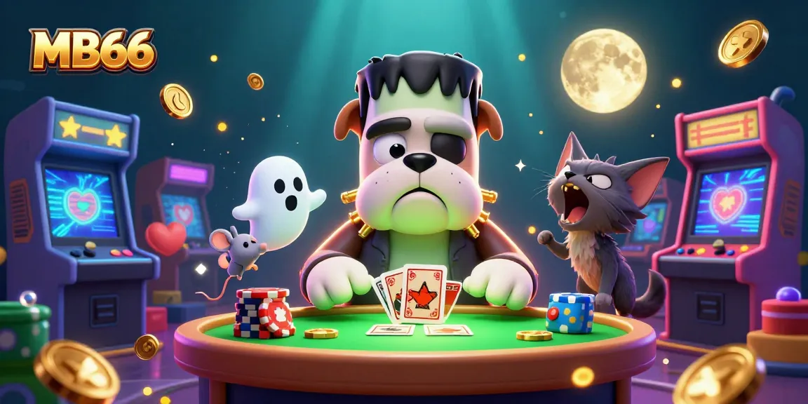 MB66's thrilling card game scene with a Frankenstein bulldog dealer, enticing players with animated gaming elements.