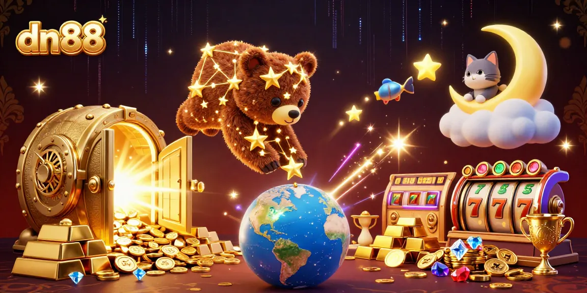Engage with dn88's vibrant casino atmosphere featuring golden treasures, starry characters, and thrilling slot elements.
