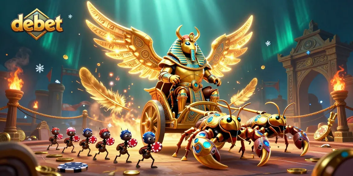 Engage with debet's thrilling casino adventures featuring a colossal scarab beetle and a chariot.