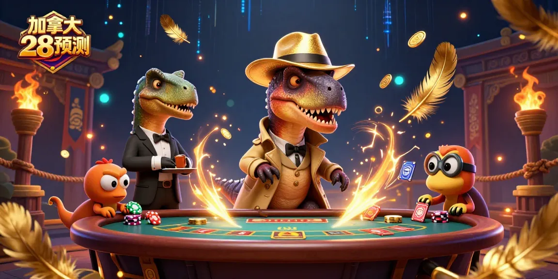 Engaging scene with a velociraptor card counter, depicting 加拿大 28 預測 at a blackjack table.