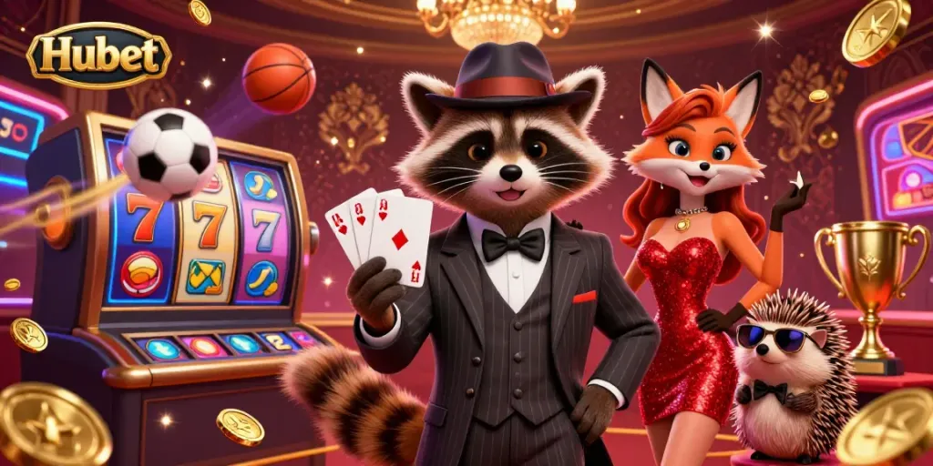 Engage with Hubet's casino magic featuring a raccoon, fox, and hedgehog in a vibrant game scene.