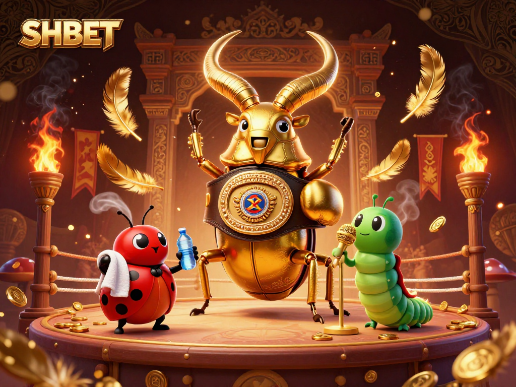 SHBET captivates players with a dynamic scene of a giant golden stag beetle in combat, surrounded by gaming treasures.