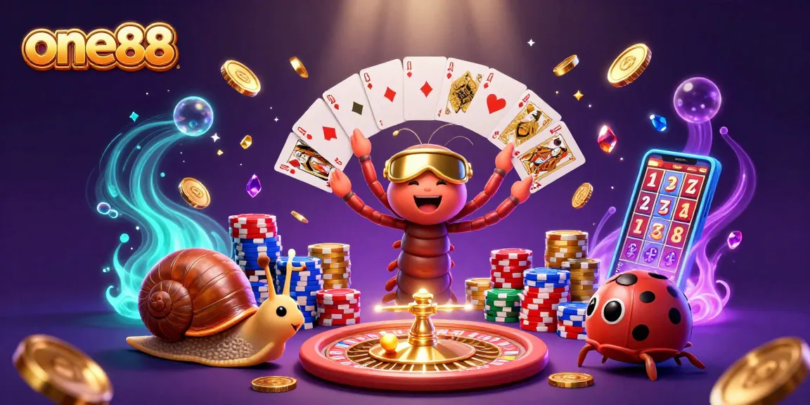 Experience the thrill of gambling with one88's vibrant casino scene featuring charming cartoon characters.