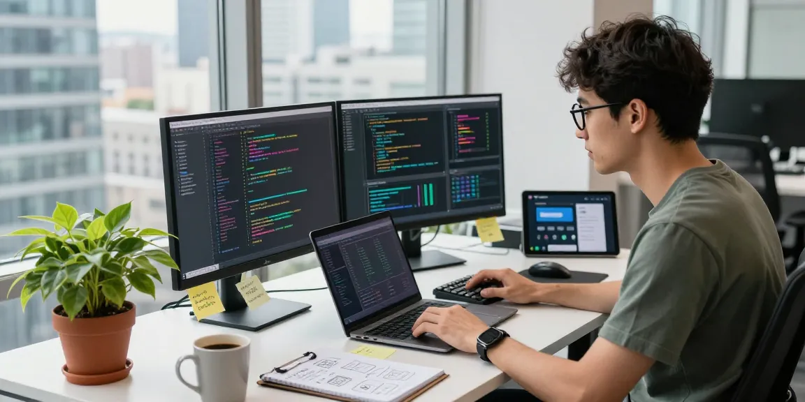 Developer coding Telegram features in a bright office showcasing 纸飞机中文版 app.