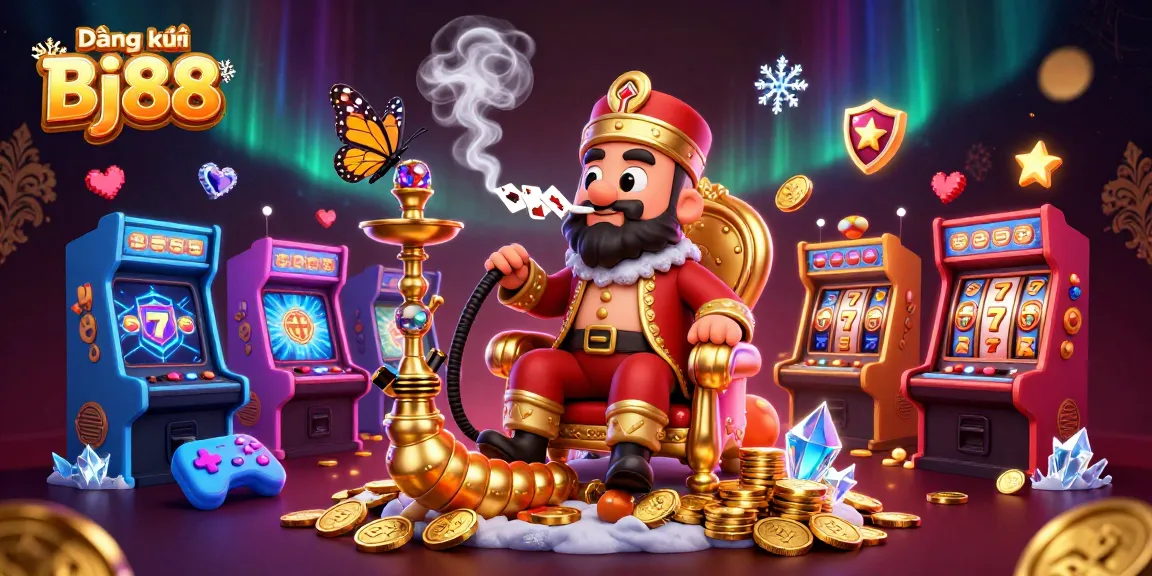 Engage in gaming excitement with Đăng ký Bj88, featuring a vibrant casino atmosphere and animated characters.