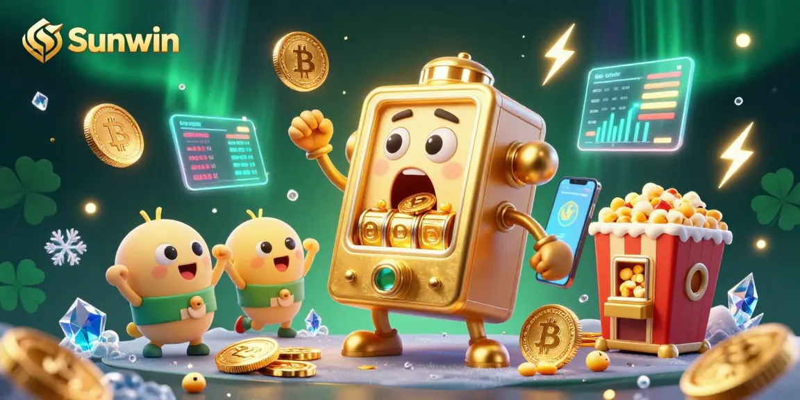 Sunwin showcases a vibrant 3D slot machine hitting a jackpot, surrounded by crypto coins and dynamic game elements.