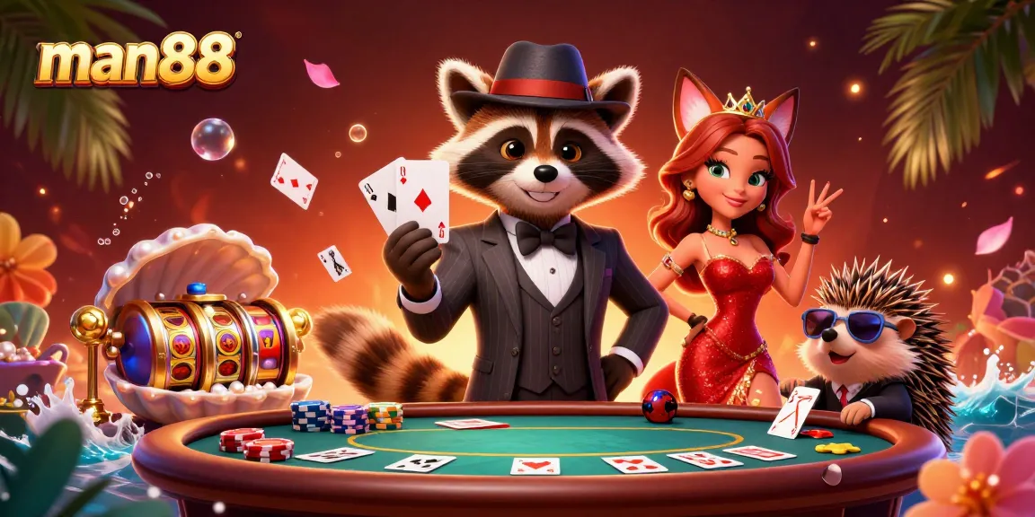 man88 showcases a suave raccoon, fox, and hedgehog playing poker amidst vibrant casino elements.