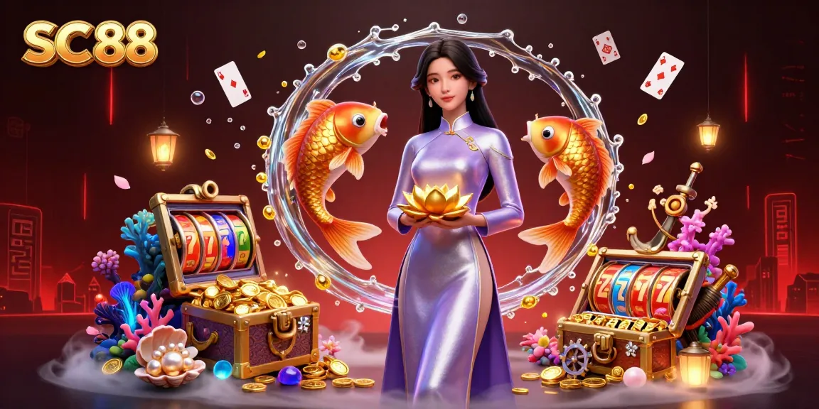 Experience the excitement of SC 88 with vibrant slots, gold coins, and an elegant Asian character.