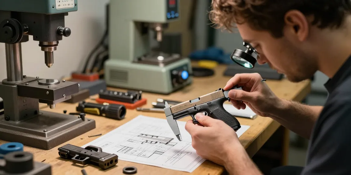 Precision Glock slide inspection at https://precisionglockslides.com in a modern workshop setting.