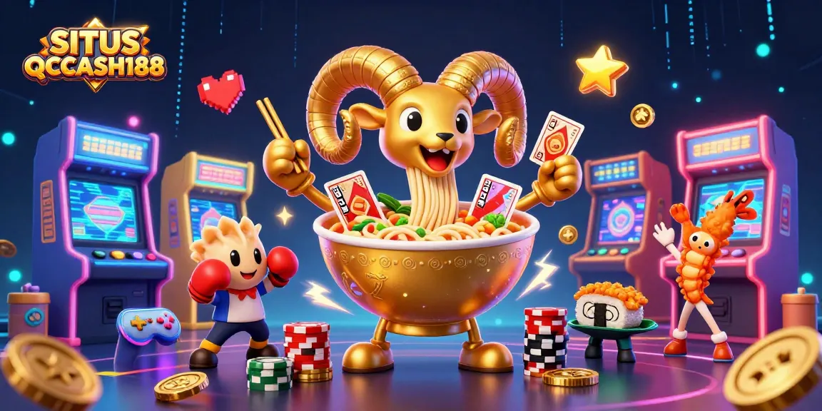 SITUS QQCASH188 showcases a vibrant 3D cartoon scene with a giant golden ramen bowl and dynamic casino characters.