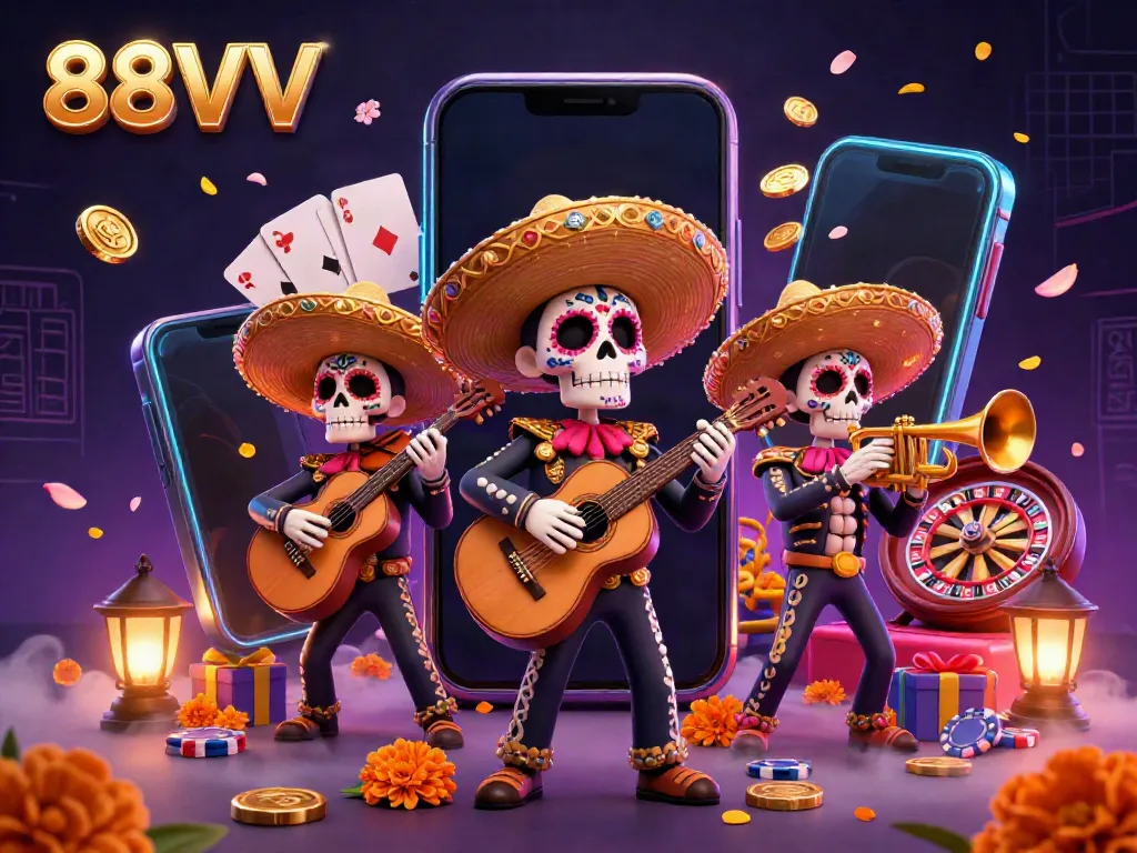 Experience the vibrant energy of the 88VV casino scene featuring a mariachi band in a rich, dynamic 3D illustration.