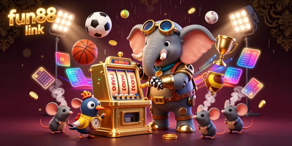 Engage with fun88 link in this vibrant 3D casino scene featuring a steampunk elephant engineer and exciting betting elements.