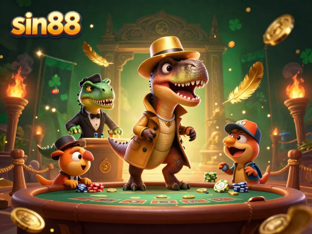 Experience the excitement of sin88 with a cartoon velociraptor at a blackjack table, showcasing vibrant casino elements.