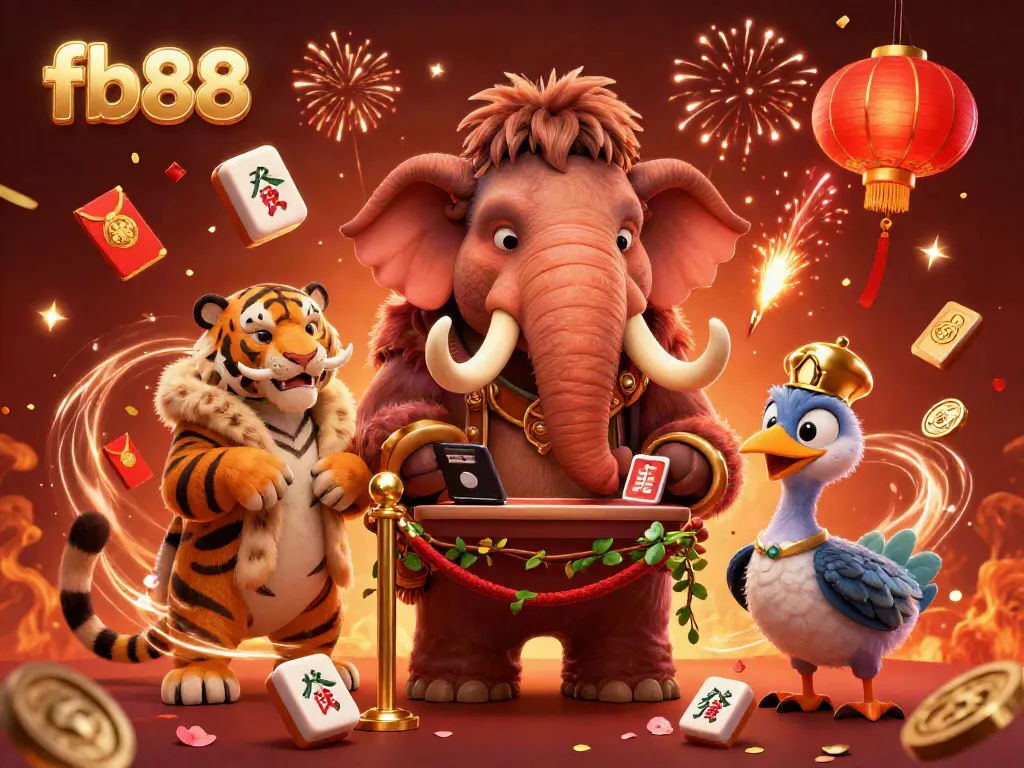 Experience the vibrant atmosphere of fb88 with a colorful casino entrance scene featuring a woolly mammoth bouncer, saber-tooth VIP, and dodo doorman.