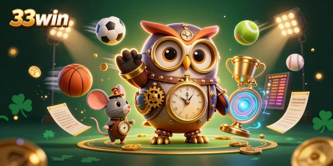 Experience thrilling sports betting at 33win with a dynamic scene of a time-traveling owl and sports elements.