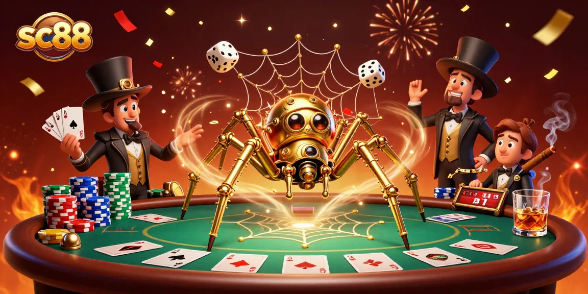 Engage with exciting games at sc88, showcasing a whimsical steampunk scene full of poker elements and vibrant energy.