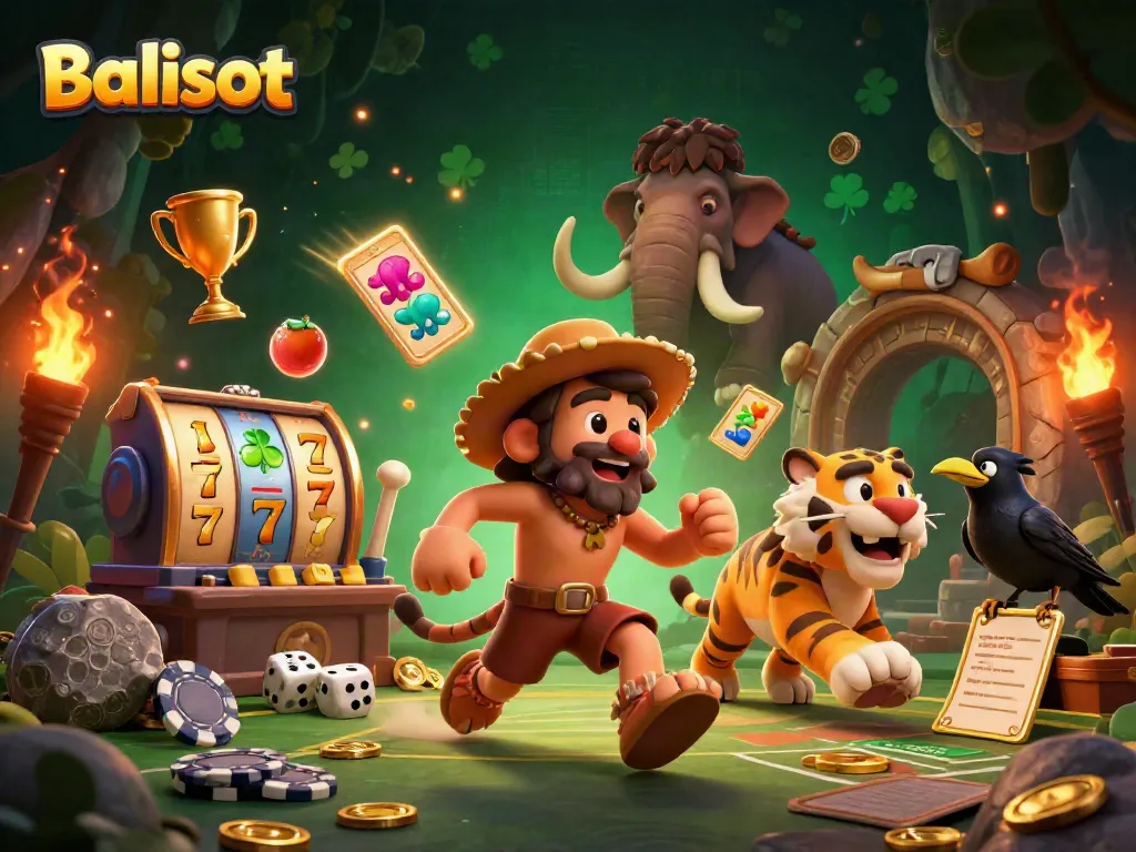 Balislot players enjoy a prehistoric casino with cartoon caveman and sabertooth tiger in action.